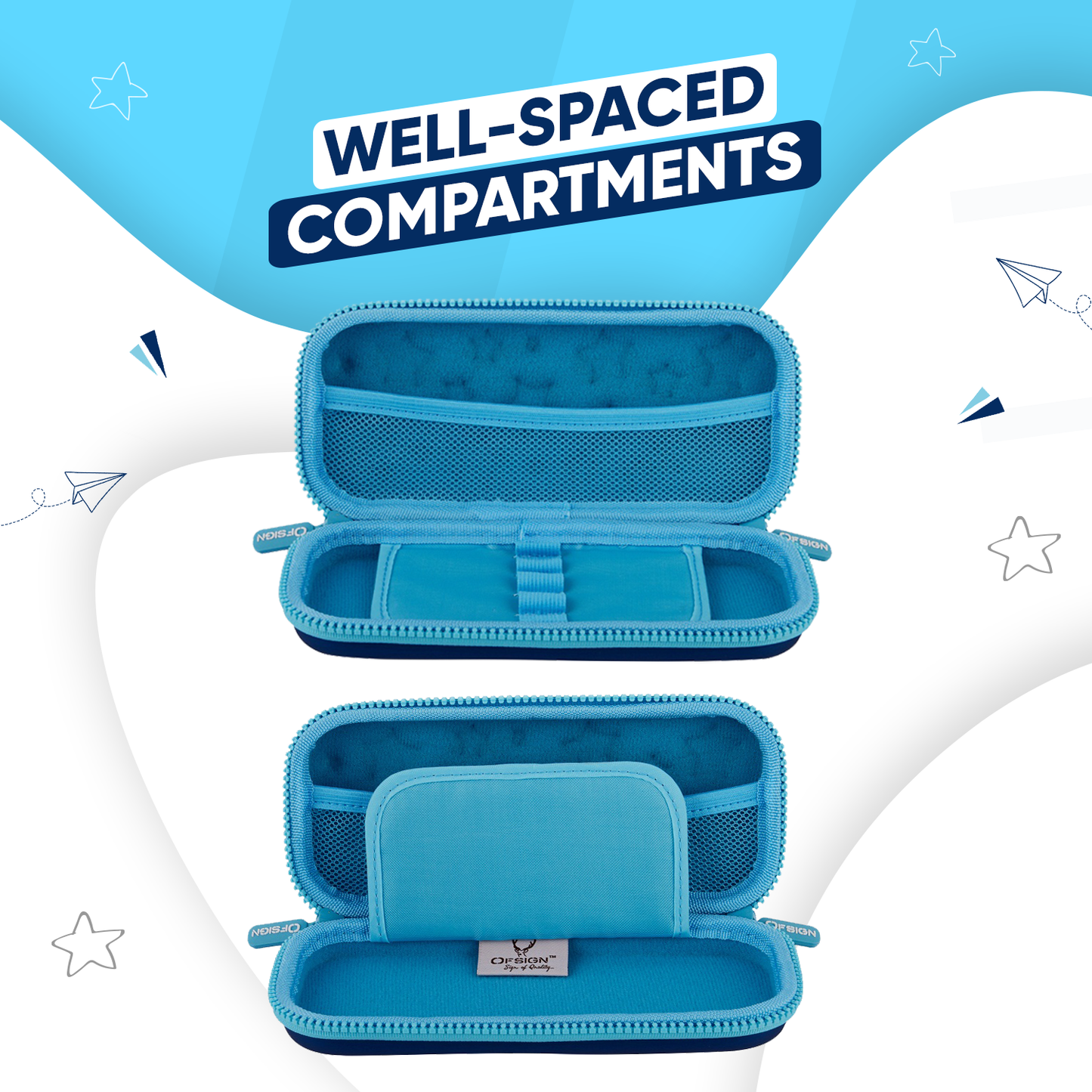 Ofsign Premium Pencil Case for Boys and Girls | Pencil Box with Smooth Zipper, Pen Holder and Mesh Pocket, Pencil Pouch – Blue
