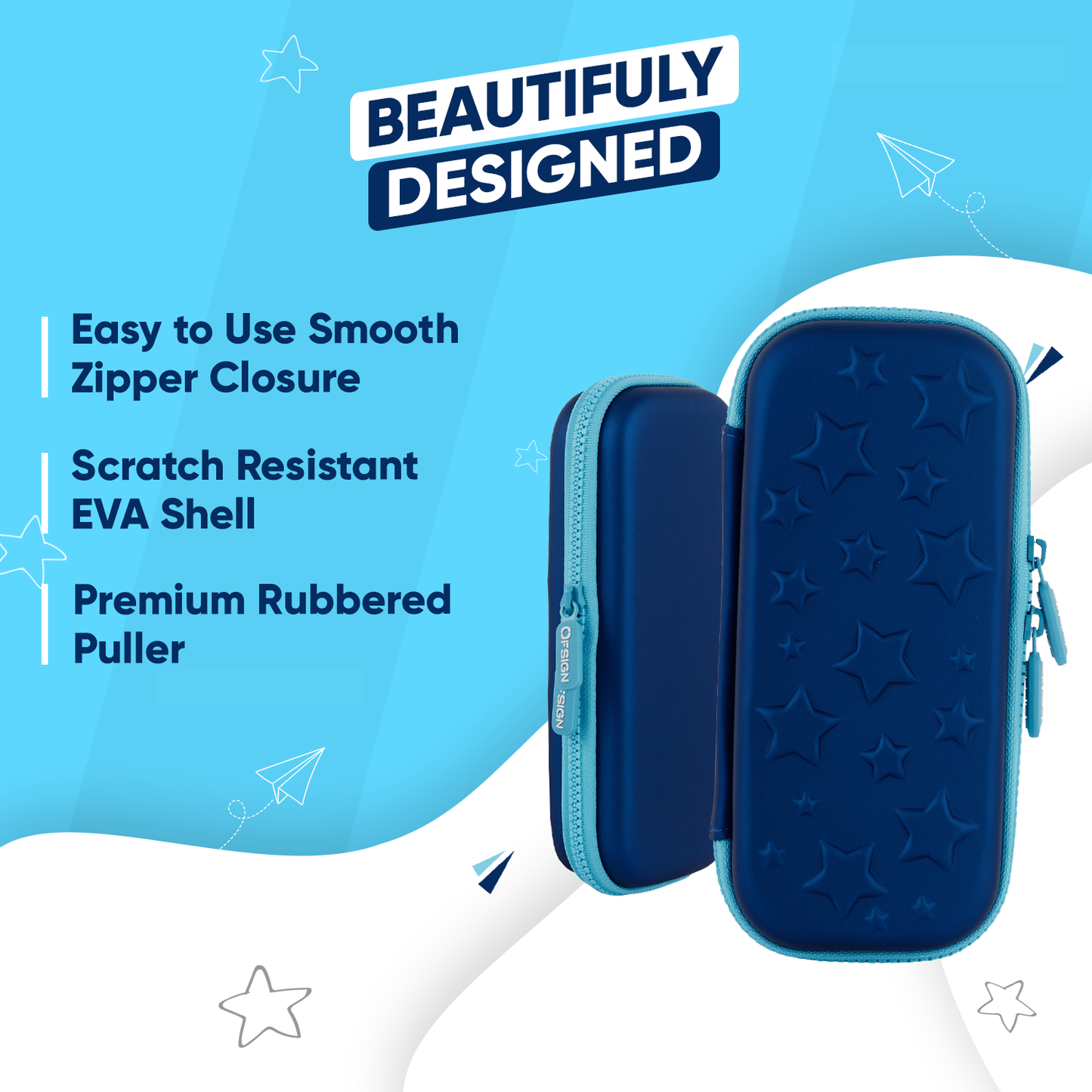 Ofsign Premium Pencil Case for Boys and Girls | Pencil Box with Smooth Zipper, Pen Holder and Mesh Pocket, Pencil Pouch – Blue